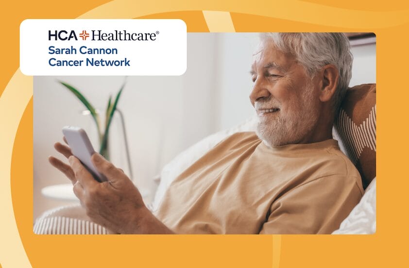 A CAR-T patient looks at a tablet. The HCA Sarah Cannon logo overlays the photo.